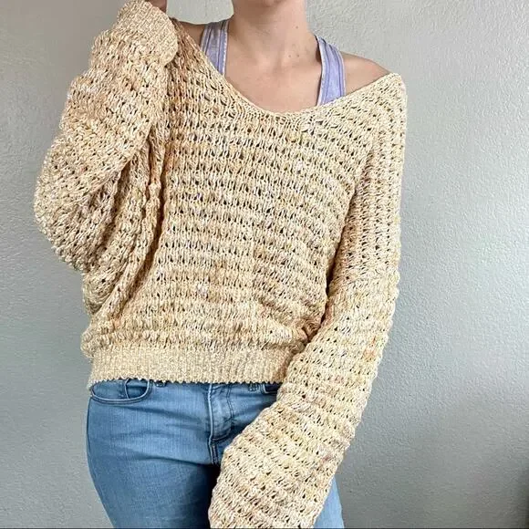 Free People muted yellow loose knit sweater size medium - Picture 2 of 11